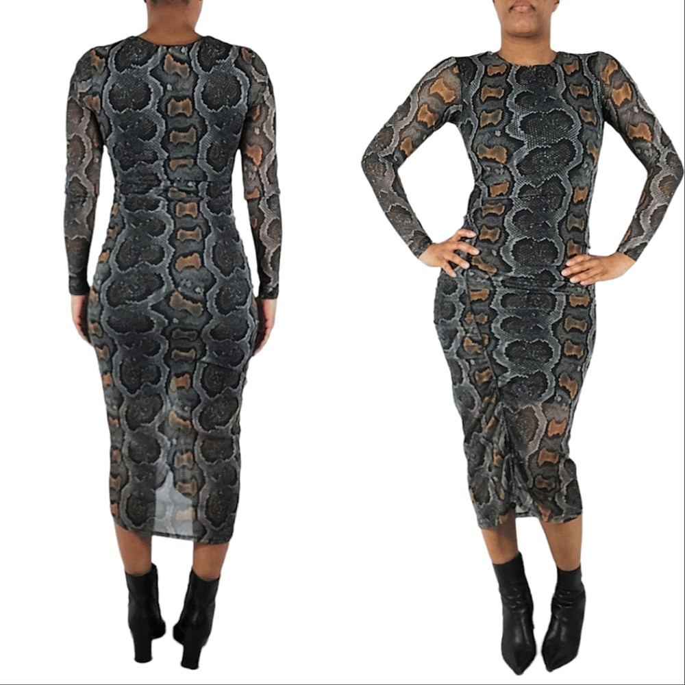 All Saints Black-Gray Norma Python Print Bodycon Midi Dress